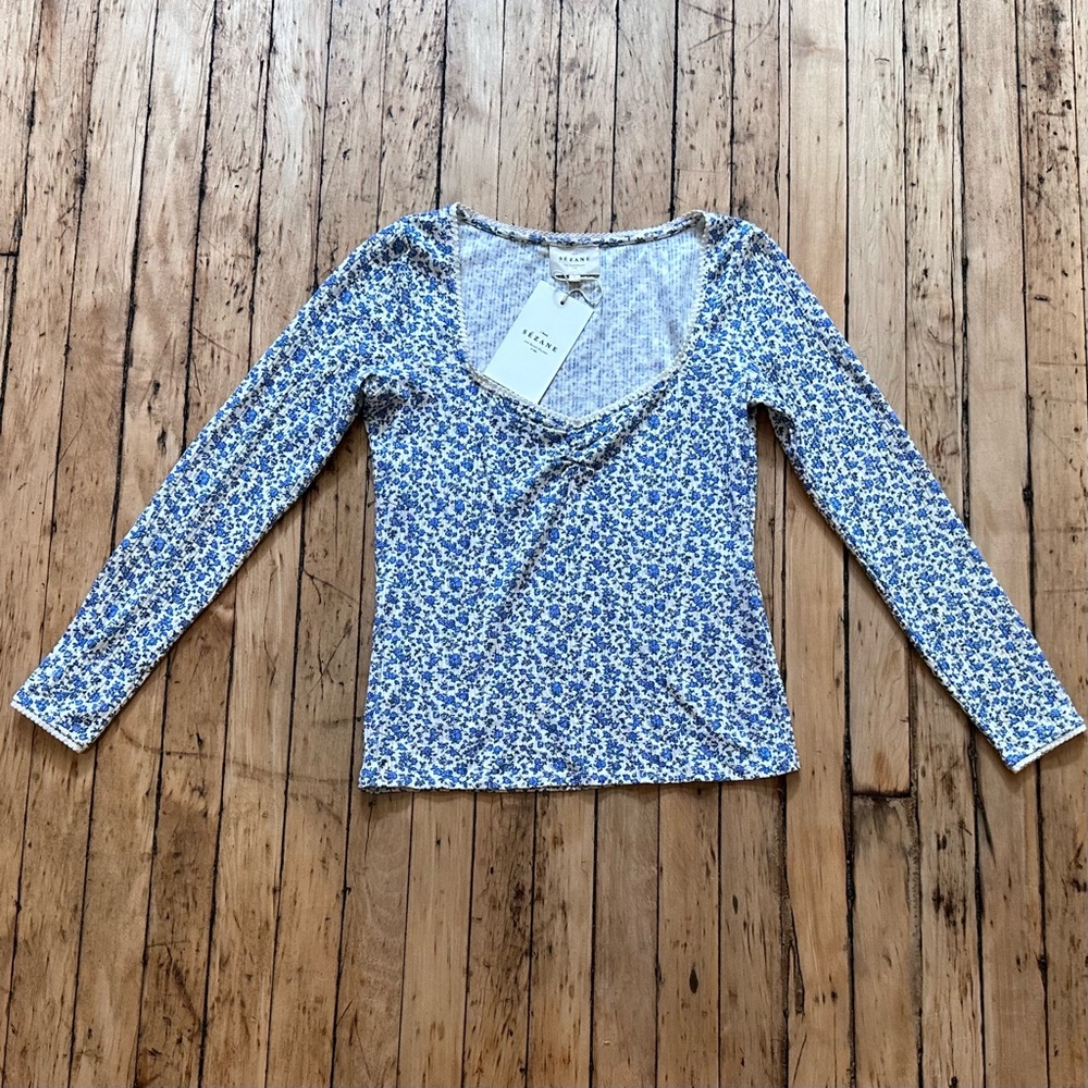 NWT Sézane Mara T-Shirt in Blue Mini Rose size small